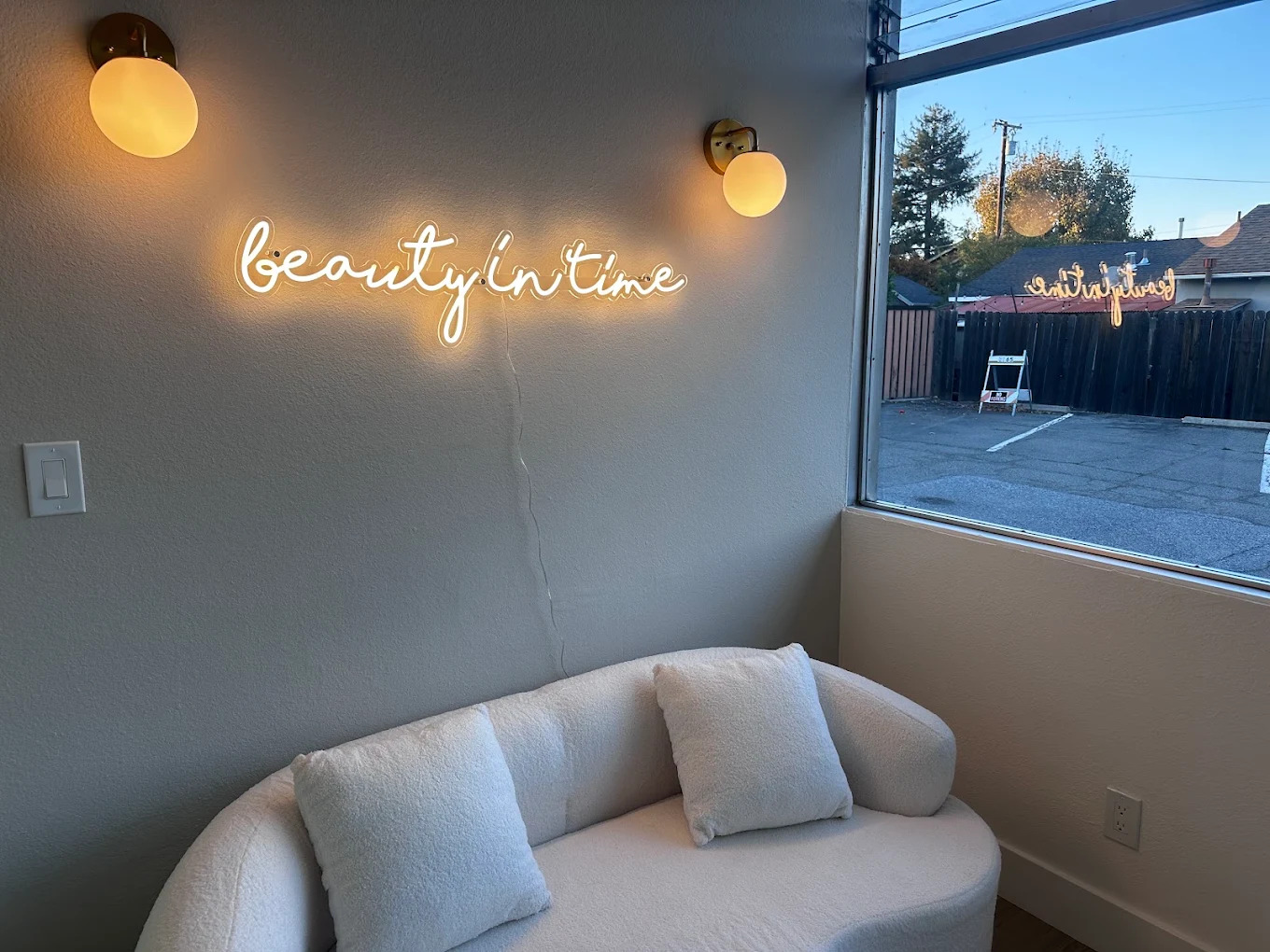 Warm, elegant interior of Beauty In Time salon in Campbell, California